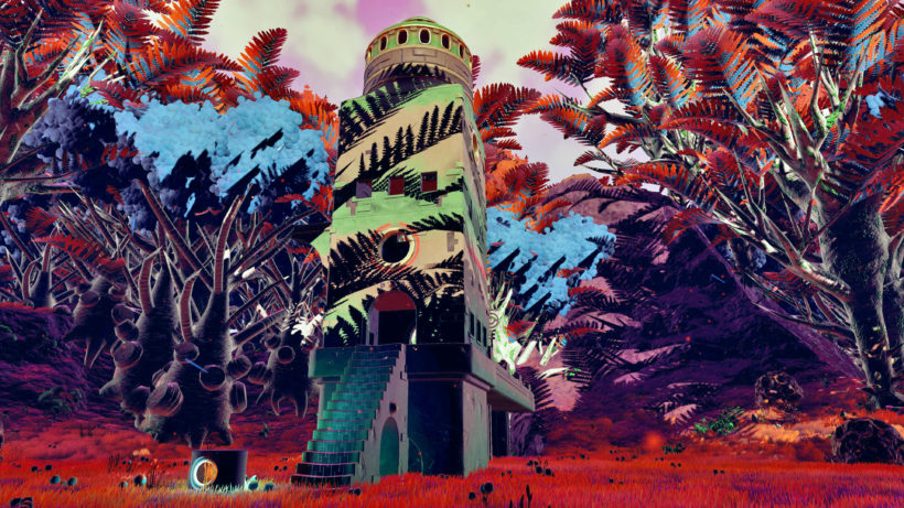 Sunset on some ruins in a lush jungle world in No Man's Sky