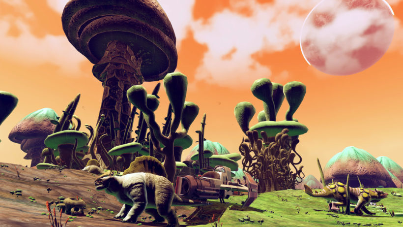 Dinosaurs surround my ship on a toxic mushroom world in No Man's Sky