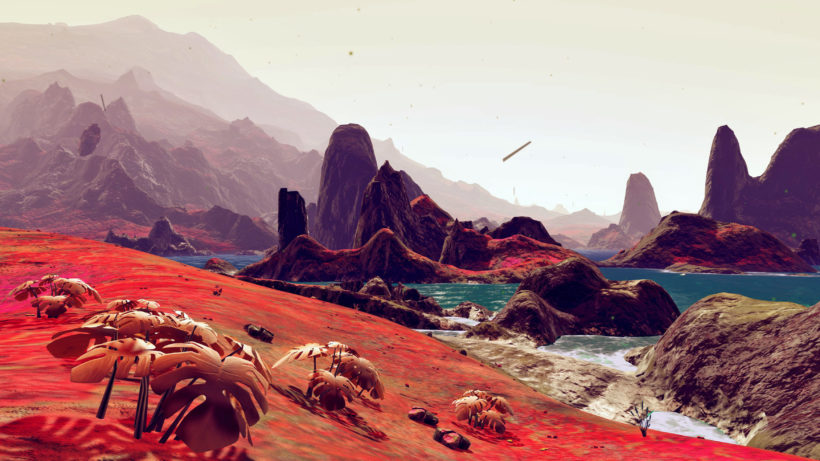 red mountains and blue seas in No Man's Sky